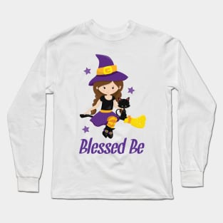 Wicca Witch Design Blessed Be Pagan Gift Shirt Mug Decor Halloween Witch on a Broomstick Design Long Sleeve T-Shirt